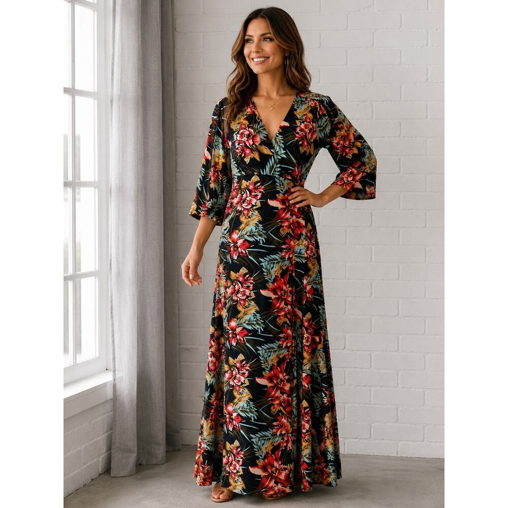 XIX Palms Honolulu Hawaii Maxi Wrap Dress Size Small Tropical Floral 3/4 Sleeve